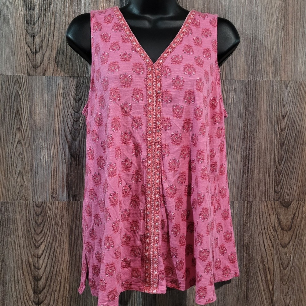 J Jill Boho Floral Tank Top Size Petite Medium Pink V-Neck Cotton Blend